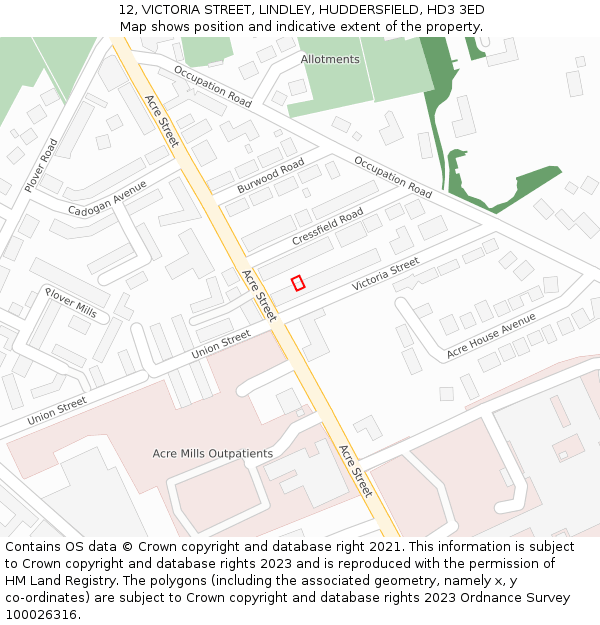 12, VICTORIA STREET, LINDLEY, HUDDERSFIELD, HD3 3ED: Location map and indicative extent of plot