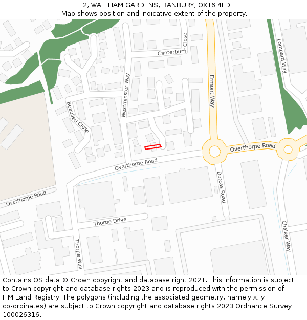 12, WALTHAM GARDENS, BANBURY, OX16 4FD: Location map and indicative extent of plot
