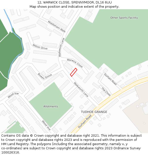 12, WARWICK CLOSE, SPENNYMOOR, DL16 6UU: Location map and indicative extent of plot