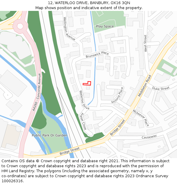 12, WATERLOO DRIVE, BANBURY, OX16 3QN: Location map and indicative extent of plot