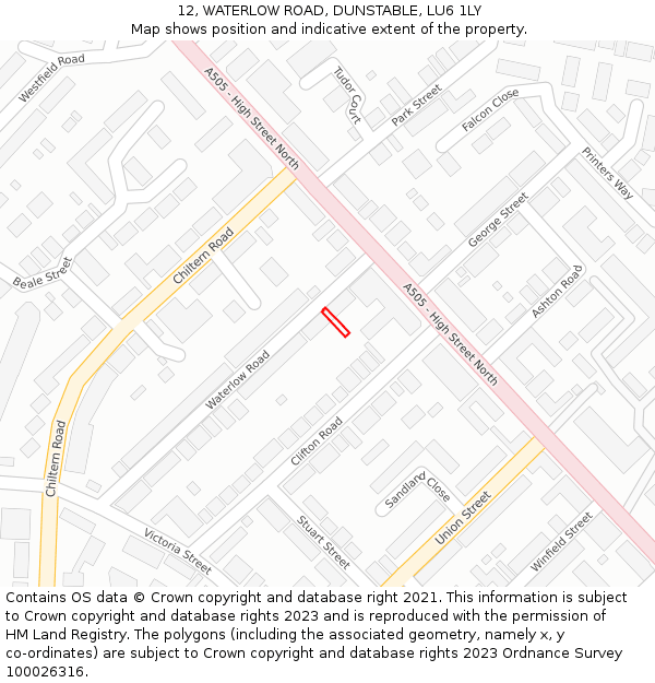 12, WATERLOW ROAD, DUNSTABLE, LU6 1LY: Location map and indicative extent of plot