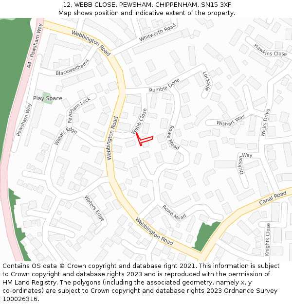 12, WEBB CLOSE, PEWSHAM, CHIPPENHAM, SN15 3XF: Location map and indicative extent of plot