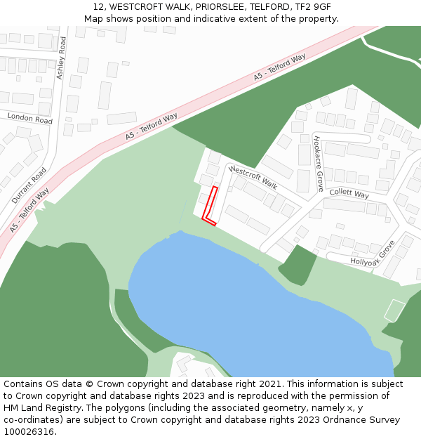 12, WESTCROFT WALK, PRIORSLEE, TELFORD, TF2 9GF: Location map and indicative extent of plot