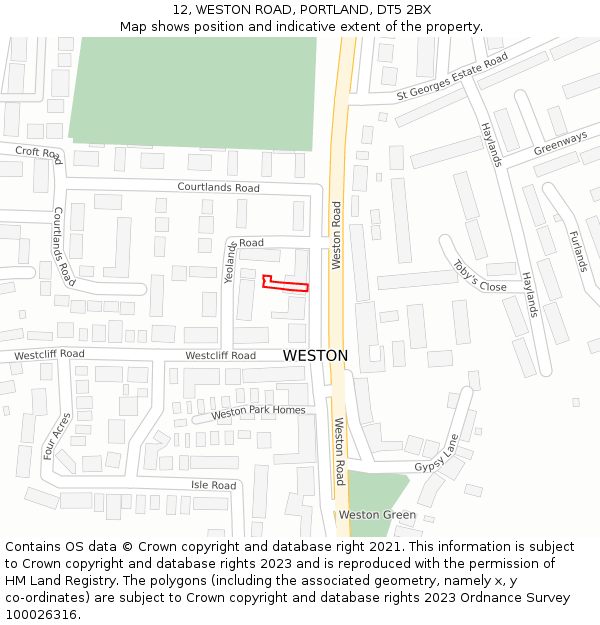 12, WESTON ROAD, PORTLAND, DT5 2BX: Location map and indicative extent of plot