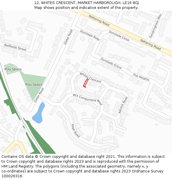 12, WHITES CRESCENT, MARKET HARBOROUGH, LE16 8GJ: Location map and indicative extent of plot