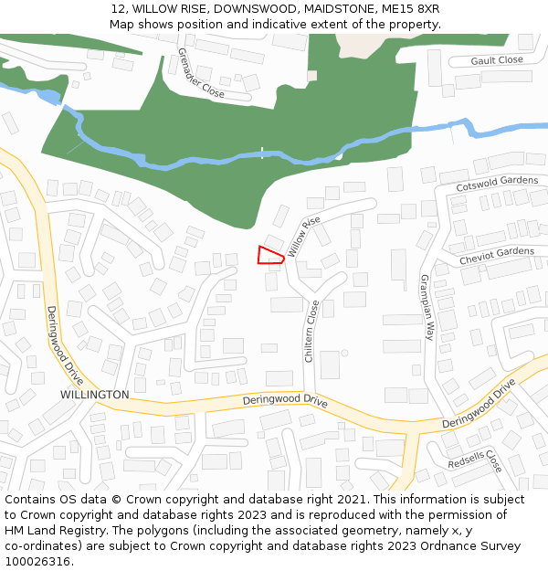 12, WILLOW RISE, DOWNSWOOD, MAIDSTONE, ME15 8XR: Location map and indicative extent of plot