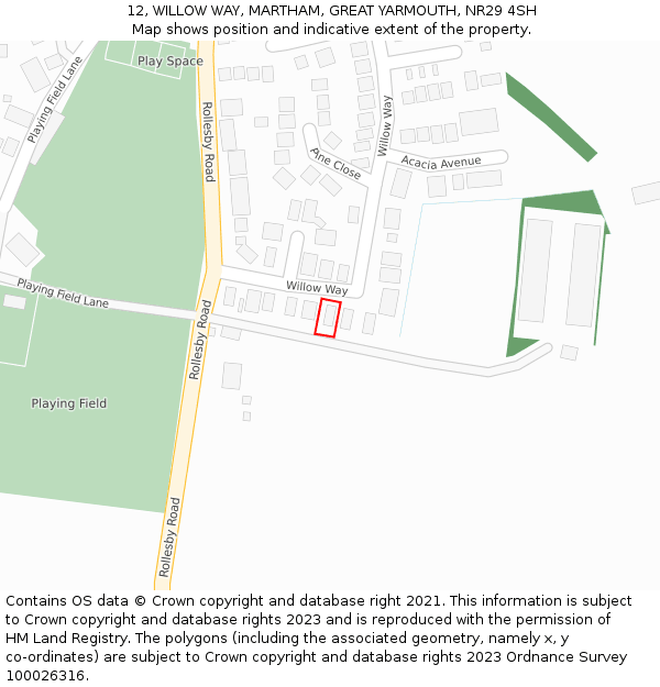 12, WILLOW WAY, MARTHAM, GREAT YARMOUTH, NR29 4SH: Location map and indicative extent of plot