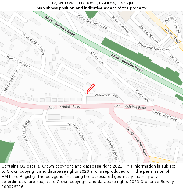12, WILLOWFIELD ROAD, HALIFAX, HX2 7JN: Location map and indicative extent of plot
