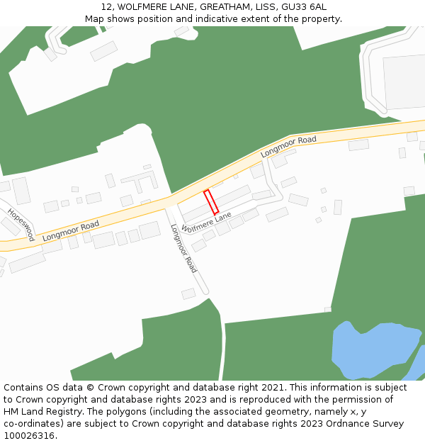 12, WOLFMERE LANE, GREATHAM, LISS, GU33 6AL: Location map and indicative extent of plot