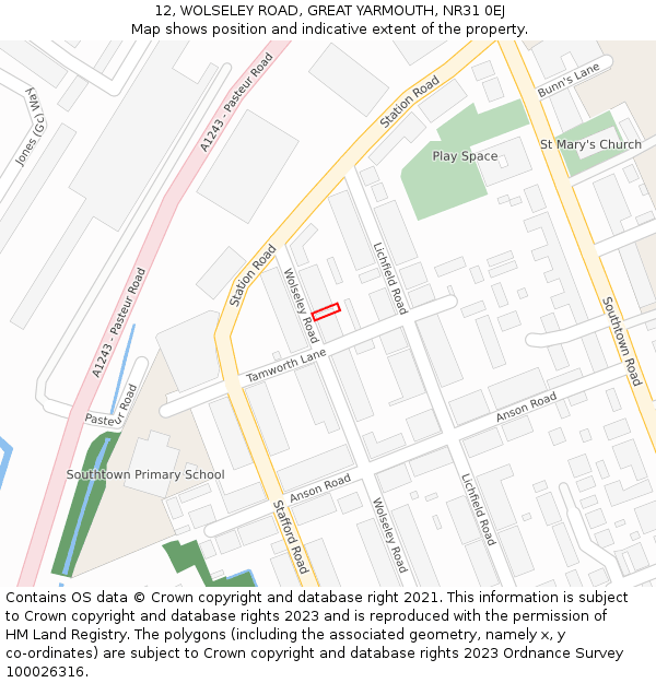 12, WOLSELEY ROAD, GREAT YARMOUTH, NR31 0EJ: Location map and indicative extent of plot