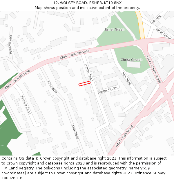 12, WOLSEY ROAD, ESHER, KT10 8NX: Location map and indicative extent of plot