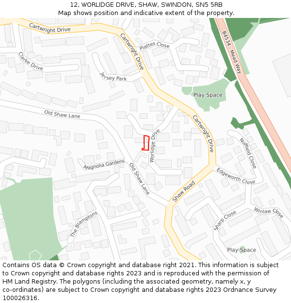 12, WORLIDGE DRIVE, SHAW, SWINDON, SN5 5RB: Location map and indicative extent of plot
