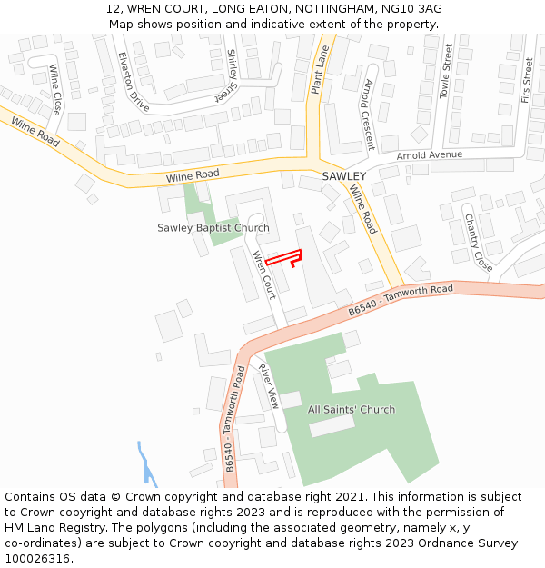 12, WREN COURT, LONG EATON, NOTTINGHAM, NG10 3AG: Location map and indicative extent of plot