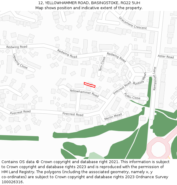 12, YELLOWHAMMER ROAD, BASINGSTOKE, RG22 5UH: Location map and indicative extent of plot