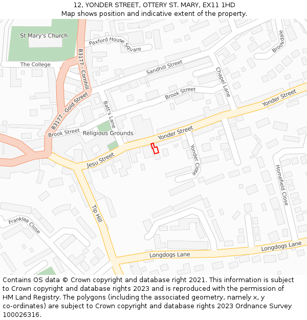 12, YONDER STREET, OTTERY ST. MARY, EX11 1HD: Location map and indicative extent of plot
