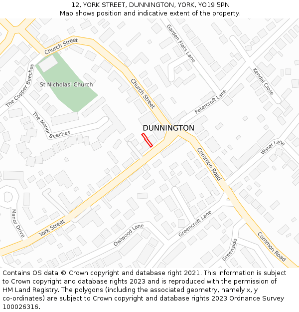 12, YORK STREET, DUNNINGTON, YORK, YO19 5PN: Location map and indicative extent of plot