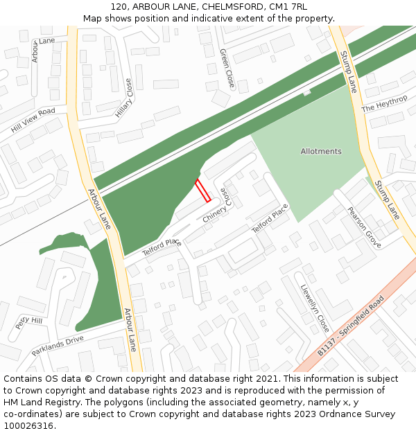 120, ARBOUR LANE, CHELMSFORD, CM1 7RL: Location map and indicative extent of plot
