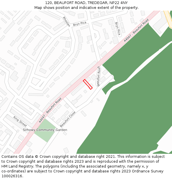 120, BEAUFORT ROAD, TREDEGAR, NP22 4NY: Location map and indicative extent of plot