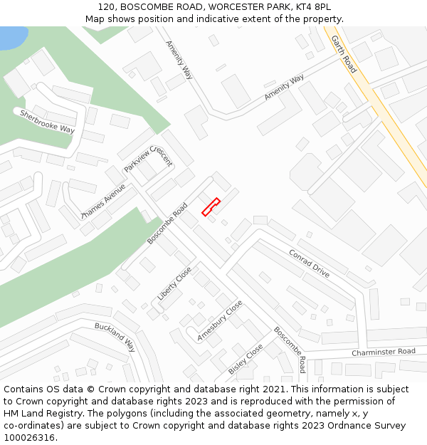 120, BOSCOMBE ROAD, WORCESTER PARK, KT4 8PL: Location map and indicative extent of plot