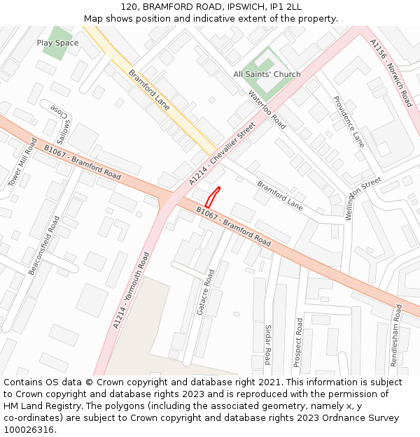 120, BRAMFORD ROAD, IPSWICH, IP1 2LL: Location map and indicative extent of plot