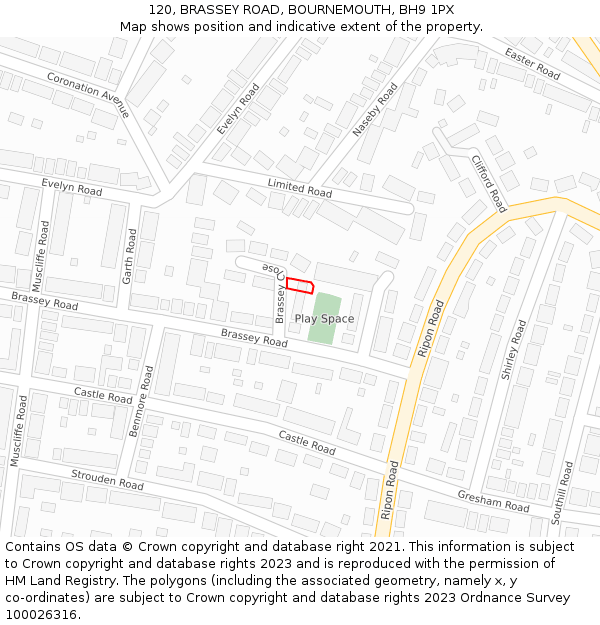 120, BRASSEY ROAD, BOURNEMOUTH, BH9 1PX: Location map and indicative extent of plot