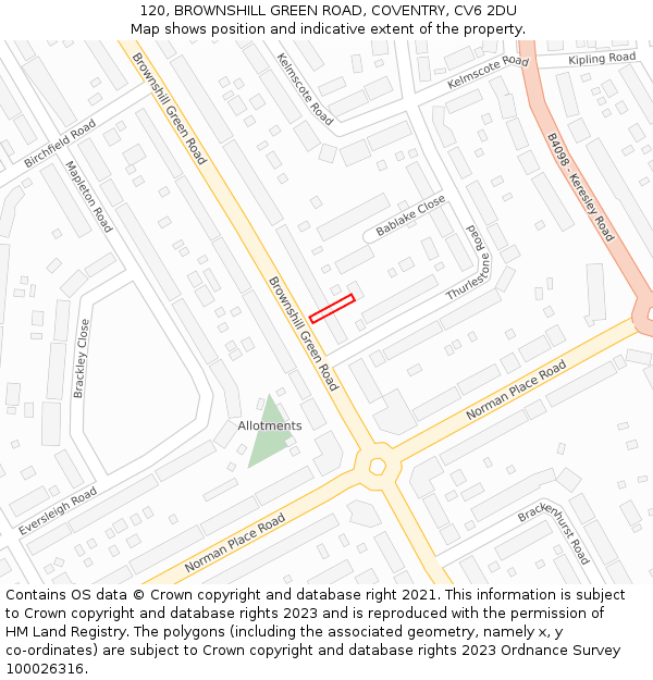 120, BROWNSHILL GREEN ROAD, COVENTRY, CV6 2DU: Location map and indicative extent of plot