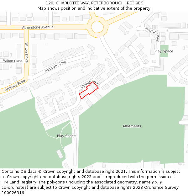120, CHARLOTTE WAY, PETERBOROUGH, PE3 9ES: Location map and indicative extent of plot