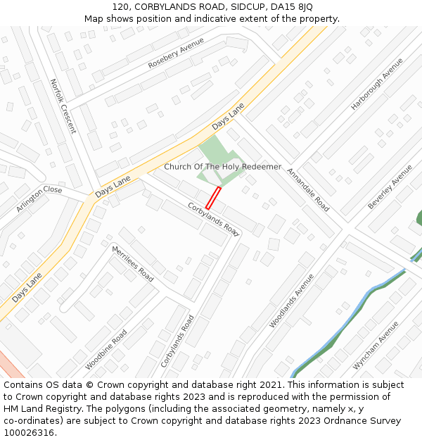 120, CORBYLANDS ROAD, SIDCUP, DA15 8JQ: Location map and indicative extent of plot