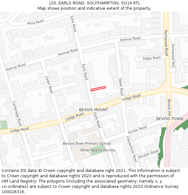 120, EARLS ROAD, SOUTHAMPTON, SO14 6TL: Location map and indicative extent of plot