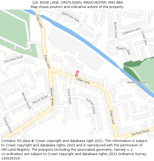 120, EDGE LANE, DROYLSDEN, MANCHESTER, M43 6BA: Location map and indicative extent of plot