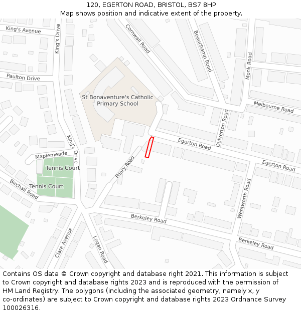 120, EGERTON ROAD, BRISTOL, BS7 8HP: Location map and indicative extent of plot