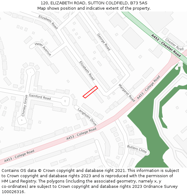 120, ELIZABETH ROAD, SUTTON COLDFIELD, B73 5AS: Location map and indicative extent of plot