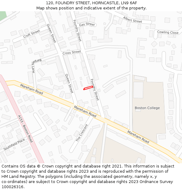 120, FOUNDRY STREET, HORNCASTLE, LN9 6AF: Location map and indicative extent of plot