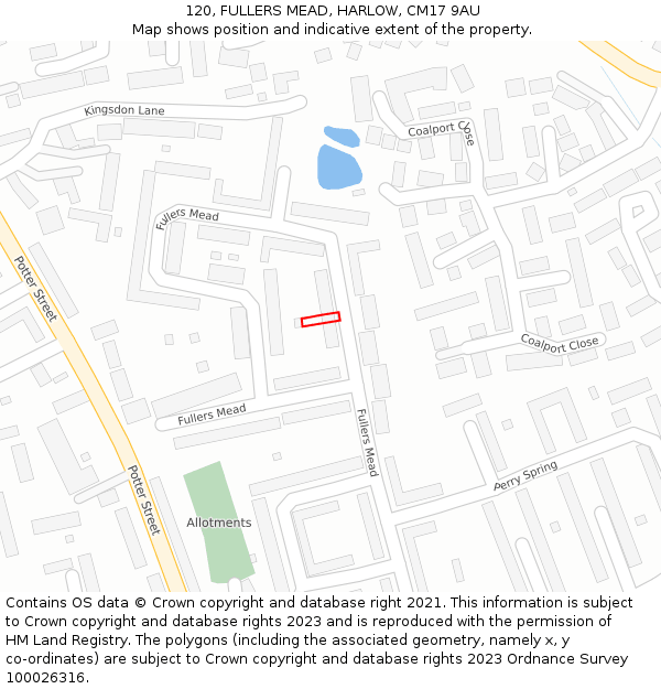 120, FULLERS MEAD, HARLOW, CM17 9AU: Location map and indicative extent of plot
