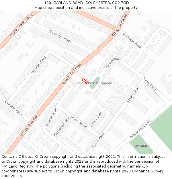 120, GARLAND ROAD, COLCHESTER, CO2 7GD: Location map and indicative extent of plot