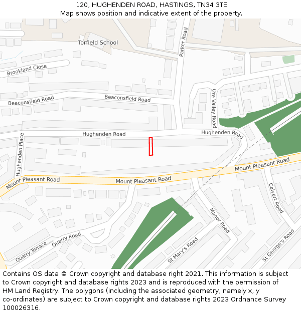 120, HUGHENDEN ROAD, HASTINGS, TN34 3TE: Location map and indicative extent of plot