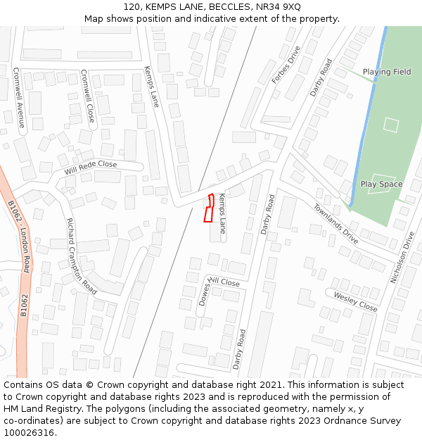 120, KEMPS LANE, BECCLES, NR34 9XQ: Location map and indicative extent of plot