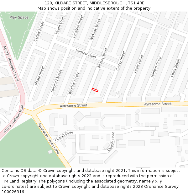120, KILDARE STREET, MIDDLESBROUGH, TS1 4RE: Location map and indicative extent of plot