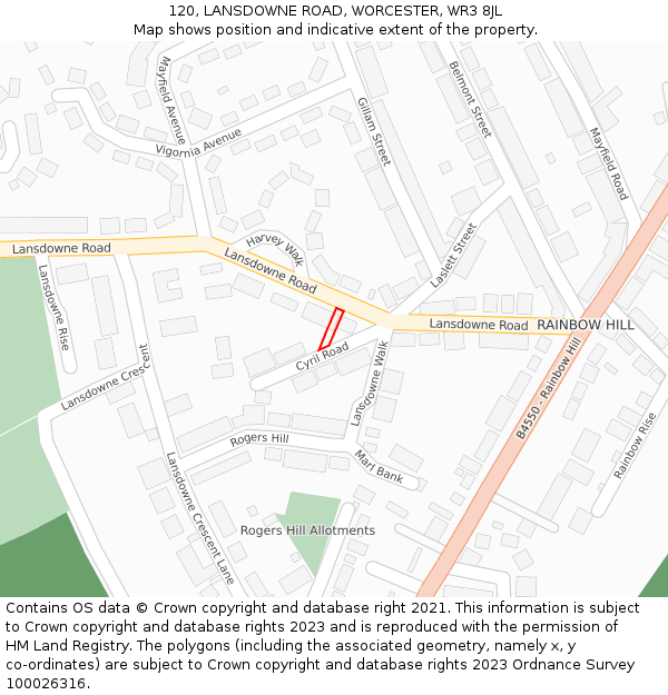 120, LANSDOWNE ROAD, WORCESTER, WR3 8JL: Location map and indicative extent of plot