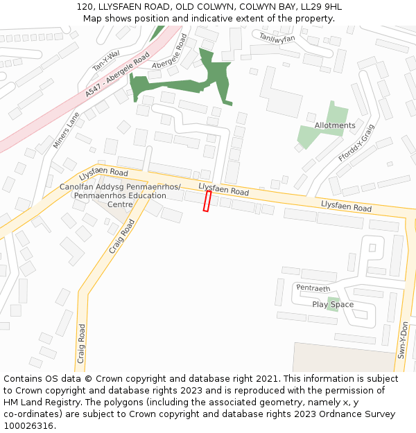 120, LLYSFAEN ROAD, OLD COLWYN, COLWYN BAY, LL29 9HL: Location map and indicative extent of plot