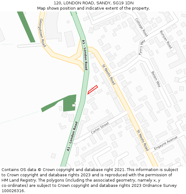 120, LONDON ROAD, SANDY, SG19 1DN: Location map and indicative extent of plot