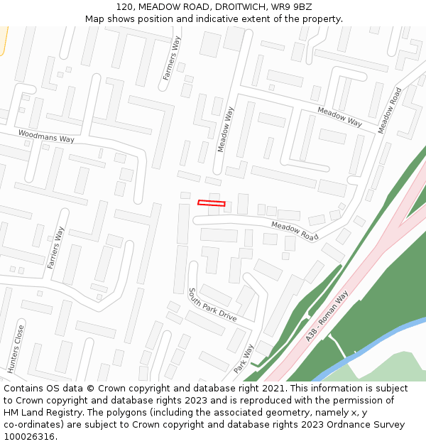 120, MEADOW ROAD, DROITWICH, WR9 9BZ: Location map and indicative extent of plot