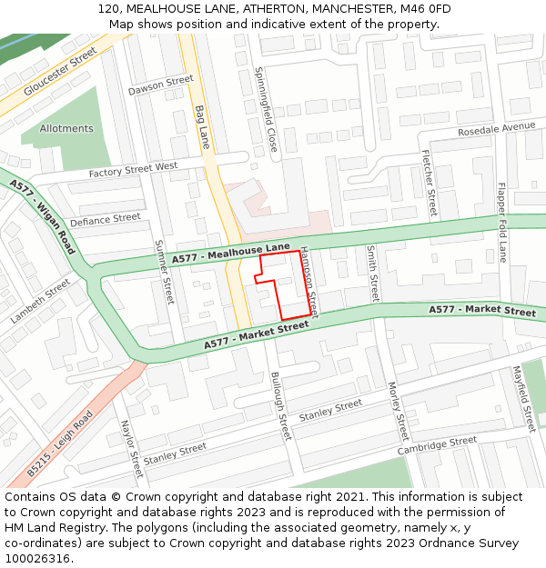120, MEALHOUSE LANE, ATHERTON, MANCHESTER, M46 0FD: Location map and indicative extent of plot