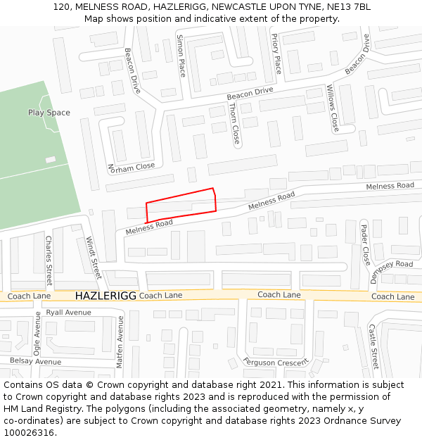 120, MELNESS ROAD, HAZLERIGG, NEWCASTLE UPON TYNE, NE13 7BL: Location map and indicative extent of plot
