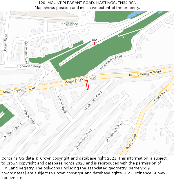 120, MOUNT PLEASANT ROAD, HASTINGS, TN34 3SN: Location map and indicative extent of plot