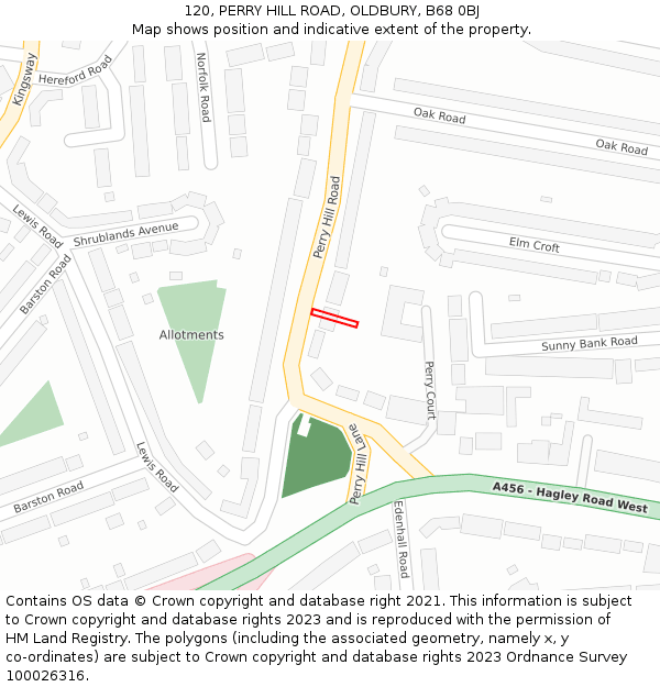 120, PERRY HILL ROAD, OLDBURY, B68 0BJ: Location map and indicative extent of plot