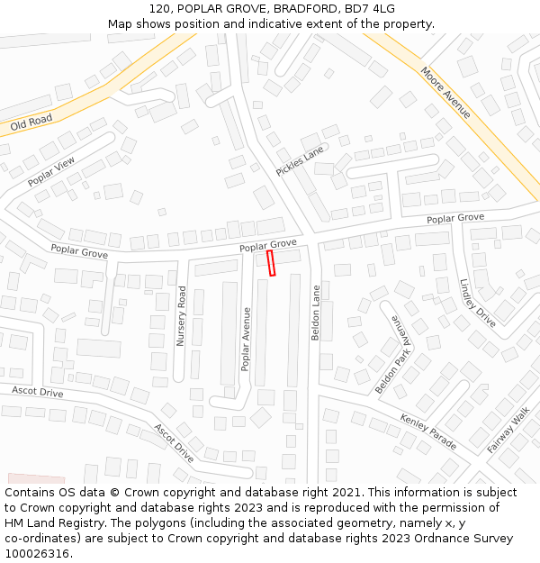 120, POPLAR GROVE, BRADFORD, BD7 4LG: Location map and indicative extent of plot