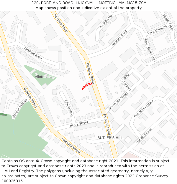 120, PORTLAND ROAD, HUCKNALL, NOTTINGHAM, NG15 7SA: Location map and indicative extent of plot
