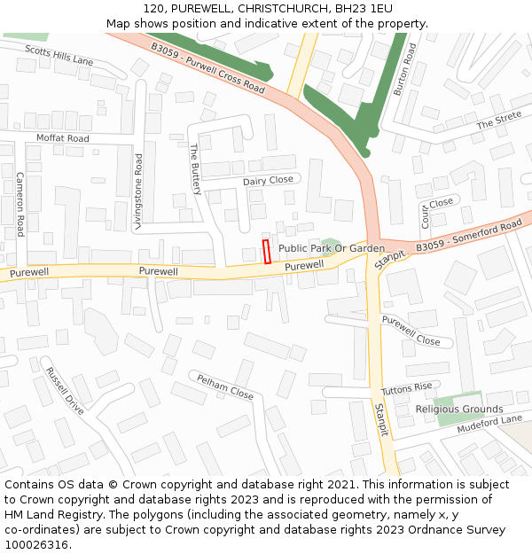 120, PUREWELL, CHRISTCHURCH, BH23 1EU: Location map and indicative extent of plot