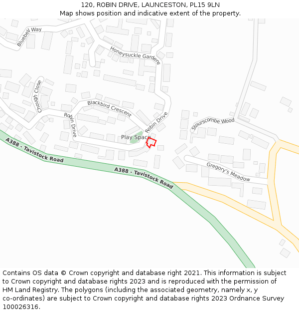 120, ROBIN DRIVE, LAUNCESTON, PL15 9LN: Location map and indicative extent of plot
